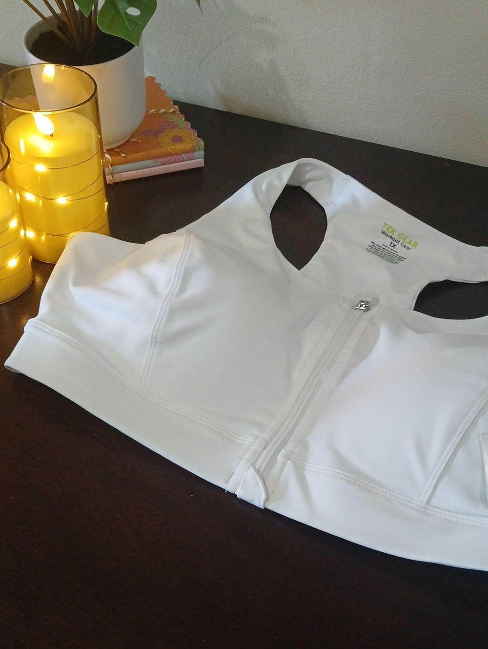 tek gear White Front-Zip Sports Bra with Lime Logo